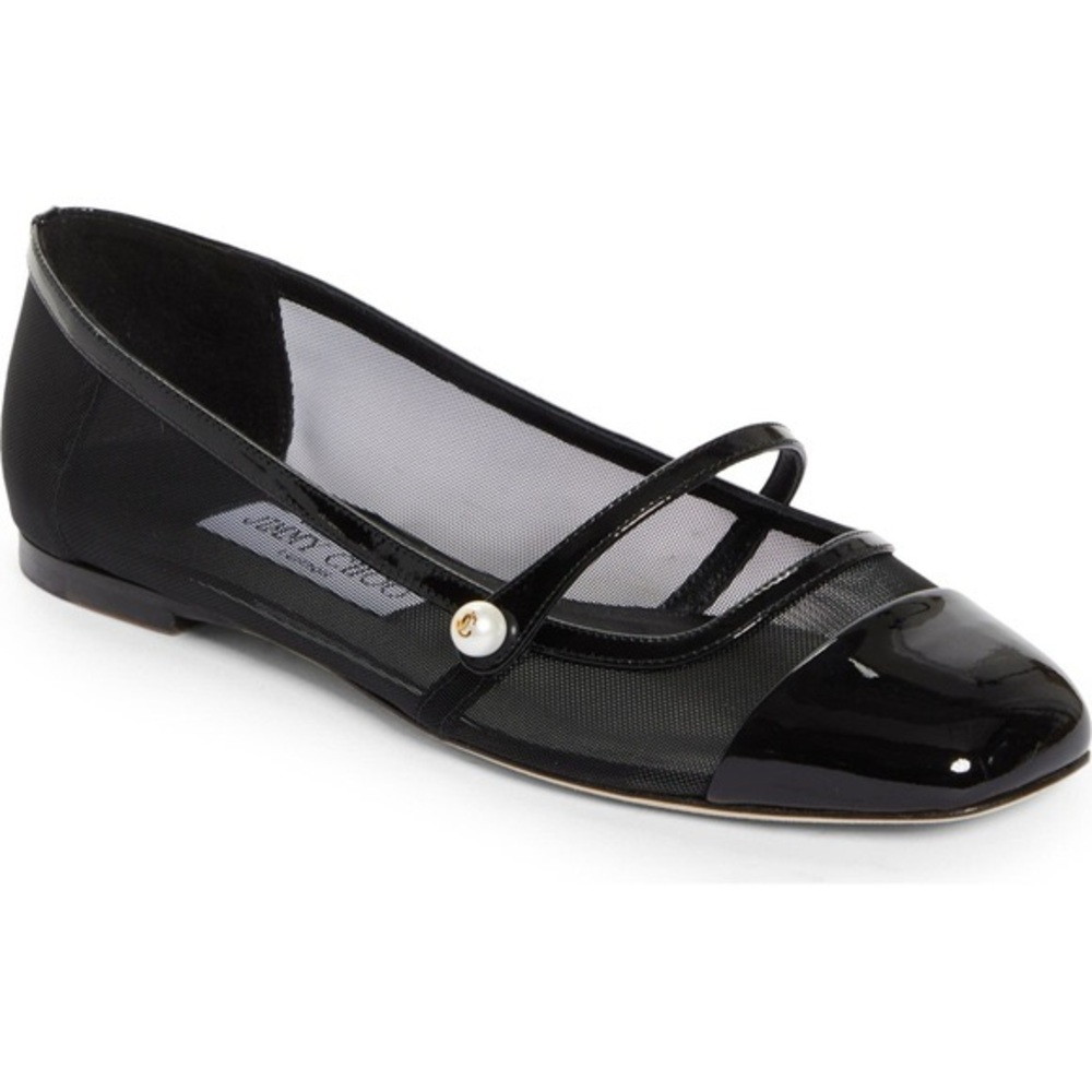 JIMMY CHOO ‘ELISA’ Mesh Patent Leather Mary Jane Ballet Flats w/ Pearl - Size 11
